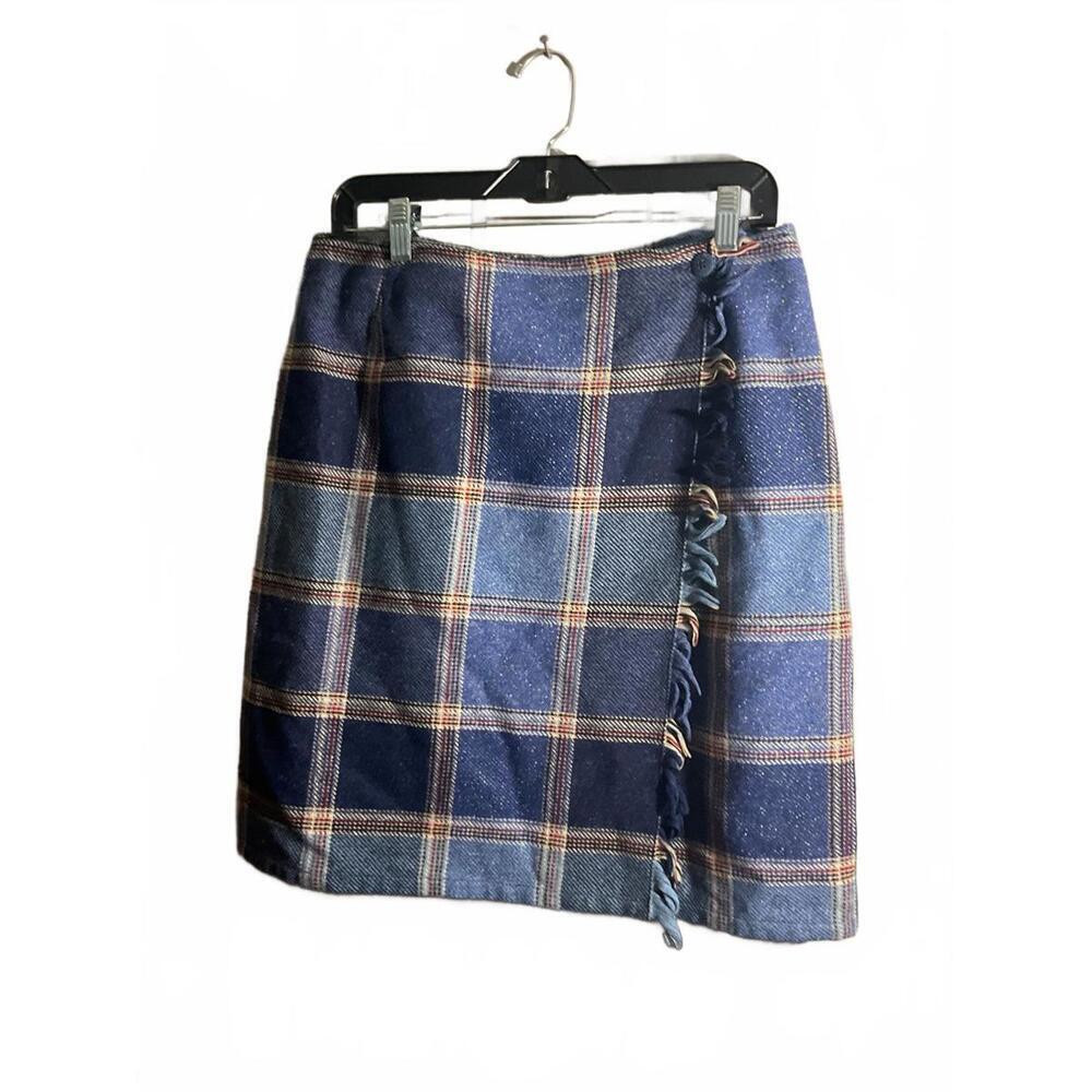 Liz Claiborne Blue Wool Blend Plaid Women's Skirt with Fringe Detail Size 12